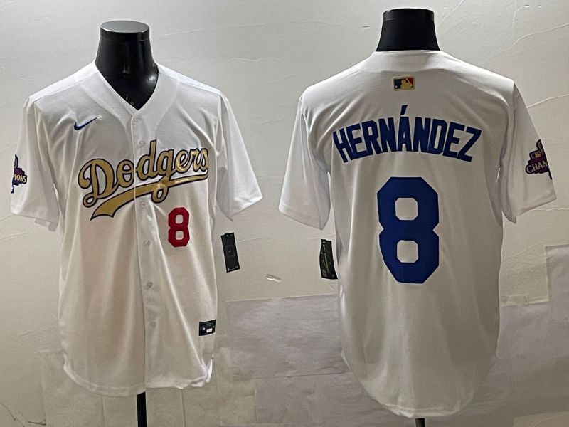 Men Los Angeles Dodgers #8 Hernandez White Champion gold character 2025 Nike MLB Jersey style 3317->los angeles dodgers->MLB Jersey